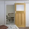 Top Mounted Stainless Steel Sliding Track & Door - 1930's Oak Door - Frosted Glass - Unfinished