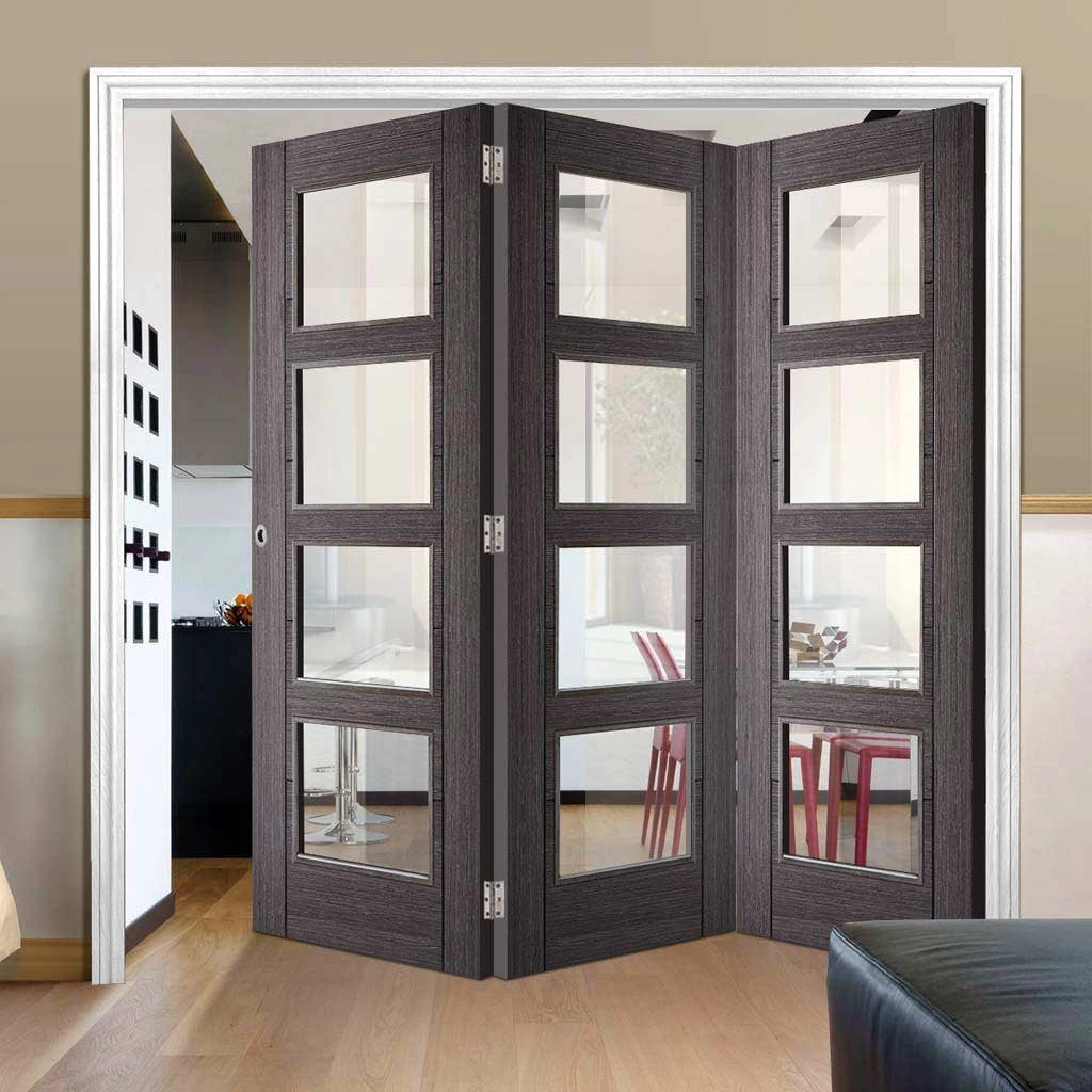 Three Folding Doors & Frame Kit - Vancouver 4 Pane Ash Grey 3+0 - Clear Glass - Prefinished 2 Three Folding Doors & Frame Kit - Vancouver 4 Pane Ash Grey 3+0 - Clear Glass - Prefinished - Image 2