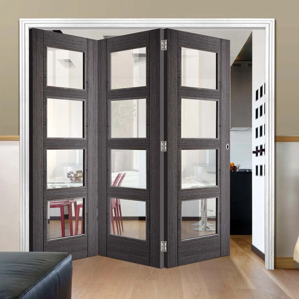 Three Folding Doors & Frame Kit - Vancouver 4 Pane Ash Grey 3+0 - Clear Glass - Prefinished 1 Three Folding Doors & Frame Kit - Vancouver 4 Pane Ash Grey 3+0 - Clear Glass - Prefinished