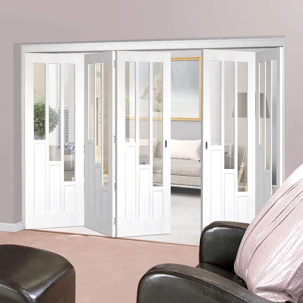 Five Folding Doors & Frame Kit - Coventry 3+2 - Clear Glass - White Primed 1 Five Folding Doors & Frame Kit - Coventry 3+2 - Clear Glass - White Primed