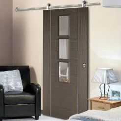 Sirius Tubular Stainless Steel Sliding Track & Alcaraz Chocolate Grey Door - Clear Glass - Prefinished