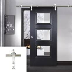 Saturn Tubular Stainless Steel Sliding Track & Amsterdam Black Primed Door - Clear Glass - Unfinished