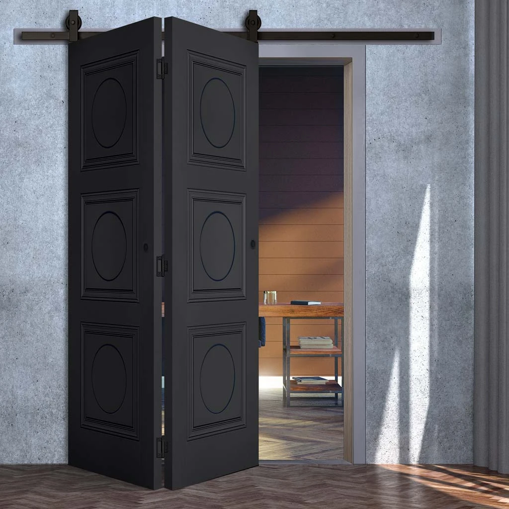 SpaceEasi Top Mounted Black Folding Track & Double Door - Antwerp 3 Panel Black Primed Door 1 SpaceEasi Top Mounted Black Folding Track & Double Door - Antwerp 3 Panel Black Primed Door