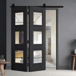 SpaceEasi Top Mounted Black Folding Track & Double Door - Antwerp 3 Pane Black Primed Door - Clear Glass