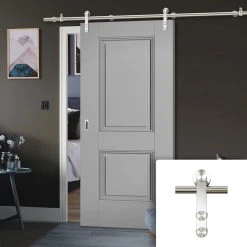 Saturn Tubular Stainless Steel Sliding Track & Arnhem 2 Panel Grey Primed Door - Unfinished
