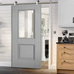 Sirius Tubular Stainless Steel Sliding Track & Arnhem Grey Primed Door - Clear Glass - Unfinished