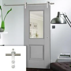 Saturn Tubular Stainless Steel Sliding Track & Arnhem Grey Primed Door - Clear Glass - Unfinished