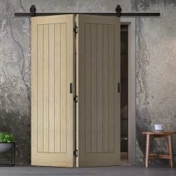 SpaceEasi Top Mounted Black Folding Track & Double Door - Belize Light Grey Door - Prefinished