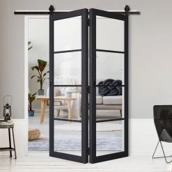 SpaceEasi Top Mounted Black Folding Track & Double Door - Soho 4 Pane Charcoal Door - Clear Glass - Prefinished