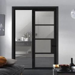 ThruEasi Black Room Divider - Chelsea 4 Pane Primed Clear Glass Unfinished Door With Full Glass Side