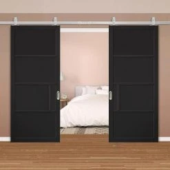 Top Mounted Stainless Steel Sliding Track & Double Door - Chelsea 4 Panel Black Primed Doors