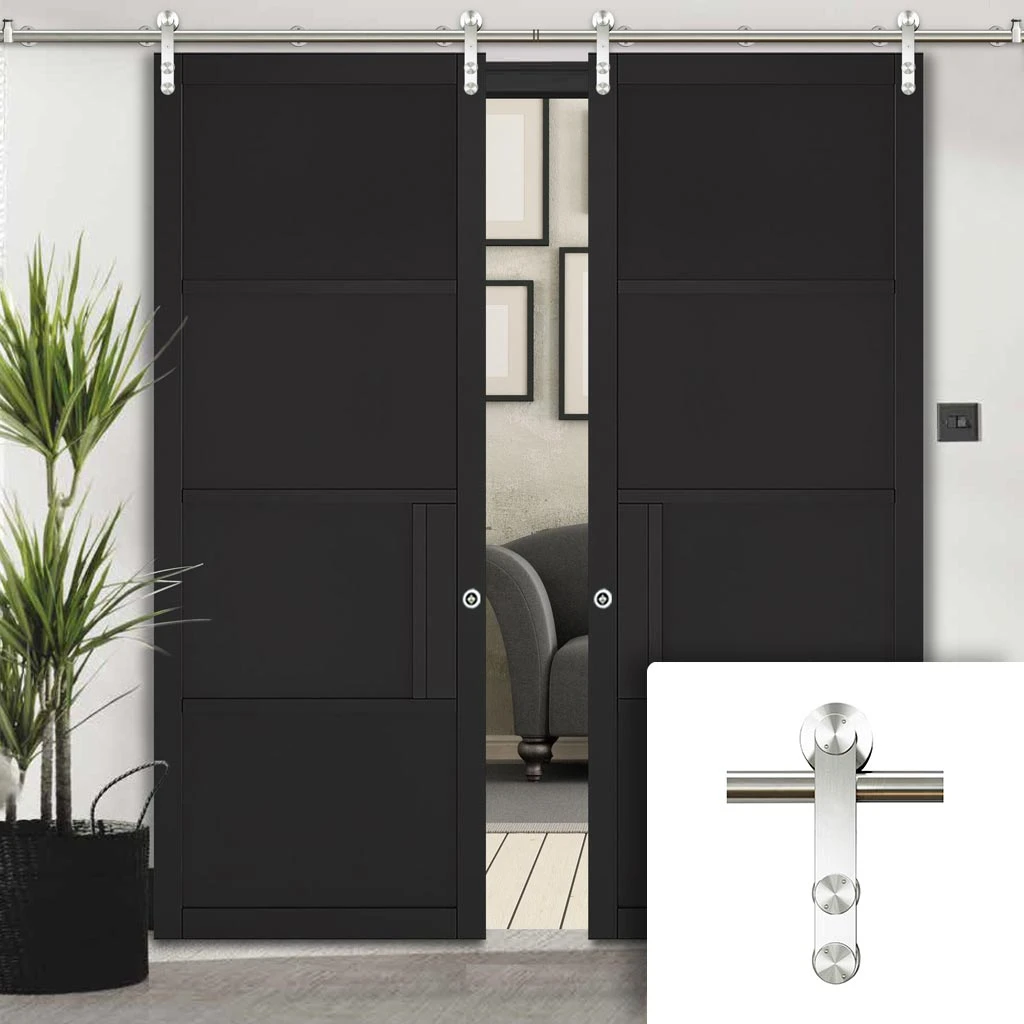Saturn Tubular Stainless Steel Sliding Track & Chelsea 4 Panel Black Primed Double Door 1 Saturn Tubular Stainless Steel Sliding Track & Chelsea 4 Panel Black Primed Double Door