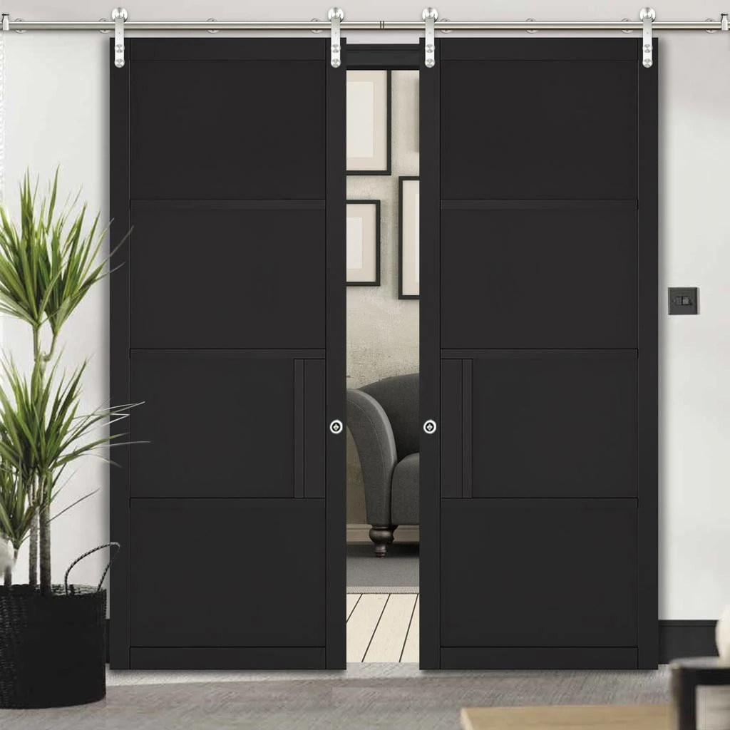 Saturn Tubular Stainless Steel Sliding Track & Chelsea 4 Panel Black Primed Double Door 2 Saturn Tubular Stainless Steel Sliding Track & Chelsea 4 Panel Black Primed Double Door - Image 2