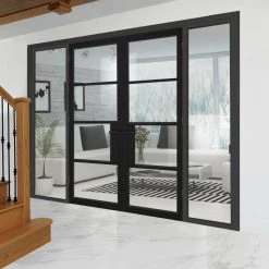 ThruEasi Black Room Divider - Chelsea 4 Pane Primed Clear Glass Unfinished Door Pair With Full Glass Sides