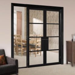 ThruEasi Black Room Divider - Chelsea 4 Pane Primed Clear Glass Unfinished Door Pair With Full Glass Side