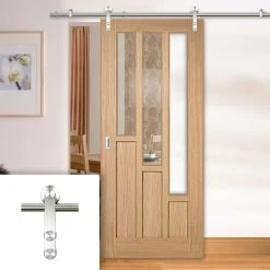 Saturn Tubular Stainless Steel Sliding Track & Coventry Contemporary Oak Door - Clear Glass - Unfinished