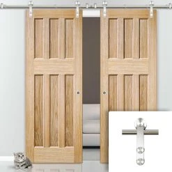 Saturn Tubular Stainless Steel Sliding Track & DX 60's Nostalgia Oak Panel Double Door - Unfinished