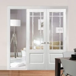 ThruEasi White Room Divider - Downham Bevelled Clear Glass Primed Door Pair With Full Glass Side