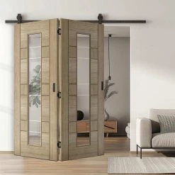 SpaceEasi Top Mounted Black Folding Track & Double Door - Edmonton Light Grey Door - Clear Glass With Frosted Lines - Prefinished