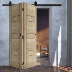 SpaceEasi Top Mounted Black Folding Track & Double Door - Edmonton Light Grey Door - Prefinished