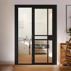 ThruEasi Black Room Divider - Greenwich Primed Clear Glass Unfinished Door With Full Glass Side
