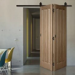 SpaceEasi Top Mounted Black Folding Track & Double Door - Kilburn 3 Panel Oak Door - Unfinished