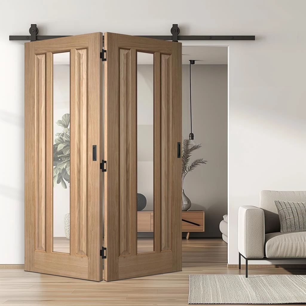 SpaceEasi Top Mounted Black Folding Track & Double Door - Kilburn 1 Pane Oak Door - Clear Glass - Unfinished 1 SpaceEasi Top Mounted Black Folding Track & Double Door - Kilburn 1 Pane Oak Door - Clear Glass - Unfinished