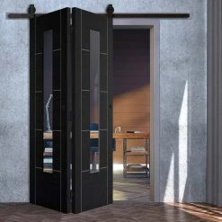 SpaceEasi Top Mounted Black Folding Track & Double Door - Laminate Vancouver Black Door - Prefinished - Clear Glass - Prefinished