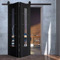 SpaceEasi Top Mounted Black Folding Track & Double Door - Vancouver Smoked Oak Internal Doors - Clear Glass - Prefinished