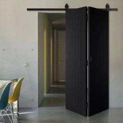 SpaceEasi Top Mounted Black Folding Track & Double Door - Montreal Charcoal Door - Prefinished