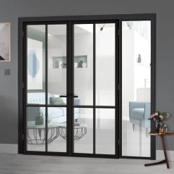 ThruEasi Black Room Divider - Liberty 4 Pane Primed Clear Glass Unfinished Door Pair With Full Glass Side