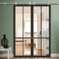 Sirius Tubular Stainless Steel Sliding Track & Liberty 4 Pane Double Door - Clear Glass - Black Primed