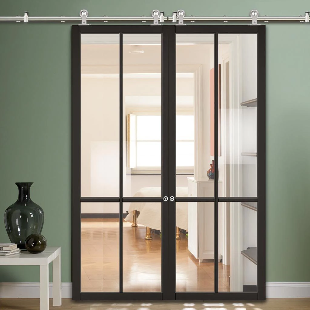 Sirius Tubular Stainless Steel Sliding Track & Liberty 4 Pane Double Door - Clear Glass - Black Primed 1 Sirius Tubular Stainless Steel Sliding Track & Liberty 4 Pane Double Door - Clear Glass - Black Primed