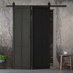 SpaceEasi Top Mounted Black Folding Track & Double Door - Liberty 4 Panel Black Primed Door