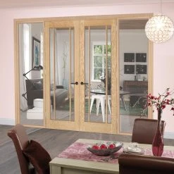 ThruEasi Oak Room Divider - Lincoln 3 Pane Clear Glass Unfinished Door Pair With Full Glass Sides