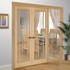 ThruEasi Oak Room Divider - Lincoln 3 Pane Clear Glass Unfinished Door Pair With Full Glass Side