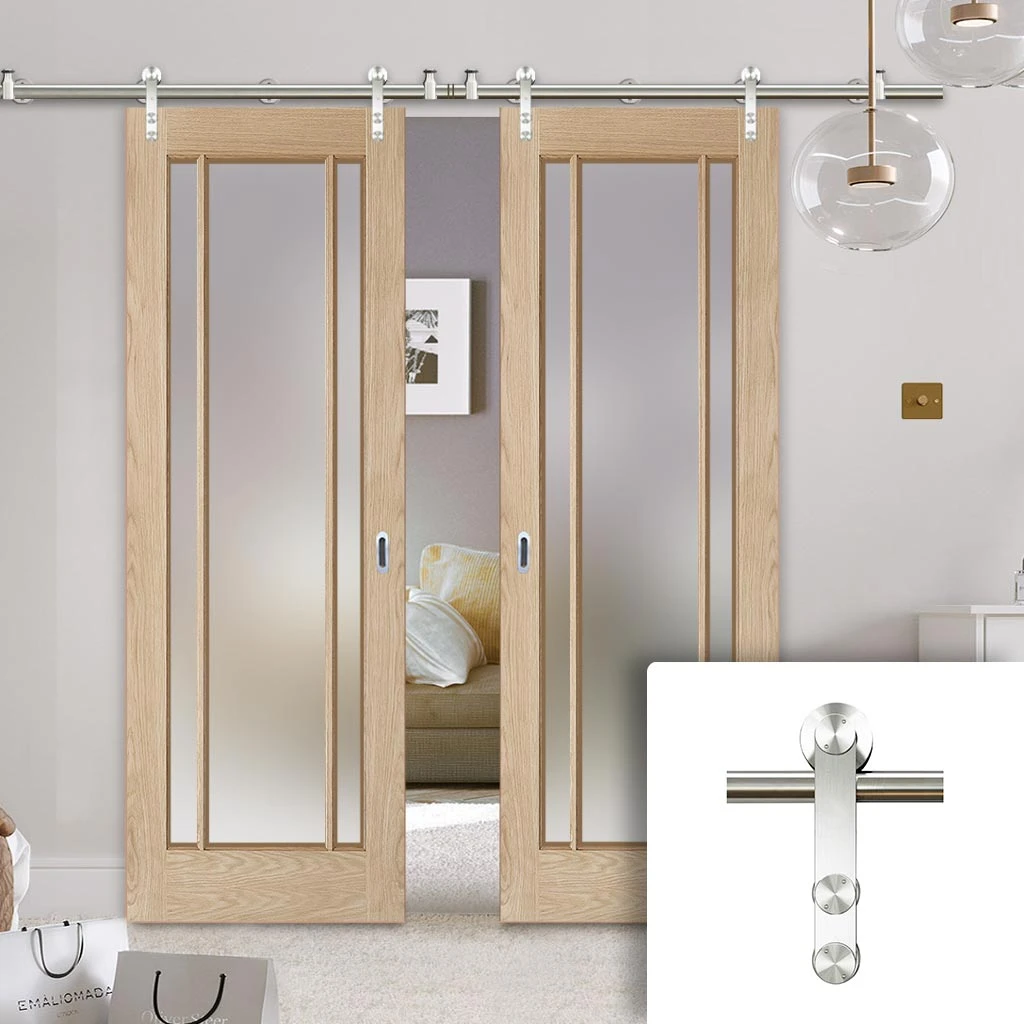 Saturn Tubular Stainless Steel Sliding Track & Lincoln 3 Pane Oak Double Door - Frosted Glass - Unfinished 1 Saturn Tubular Stainless Steel Sliding Track & Lincoln 3 Pane Oak Double Door - Frosted Glass - Unfinished