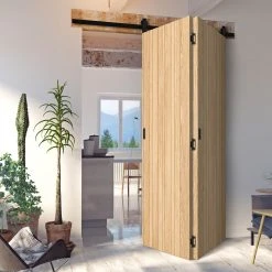SpaceEasi Top Mounted Black Folding Track & Double Door - Montreal Oak Flush Internal Door - Prefinished