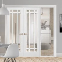 ThruEasi White Room Divider - Manhattan Bevelled Clear Glass Primed Door Pair With Full Glass Side