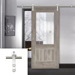 Saturn Tubular Stainless Steel Sliding Track & Laminate Mexicano Light Grey Door - Etched Clear Glass - Prefinished