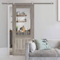 Sirius Tubular Stainless Steel Sliding Track & Laminate Mexicano Light Grey Door - Etched Clear Glass - Prefinished