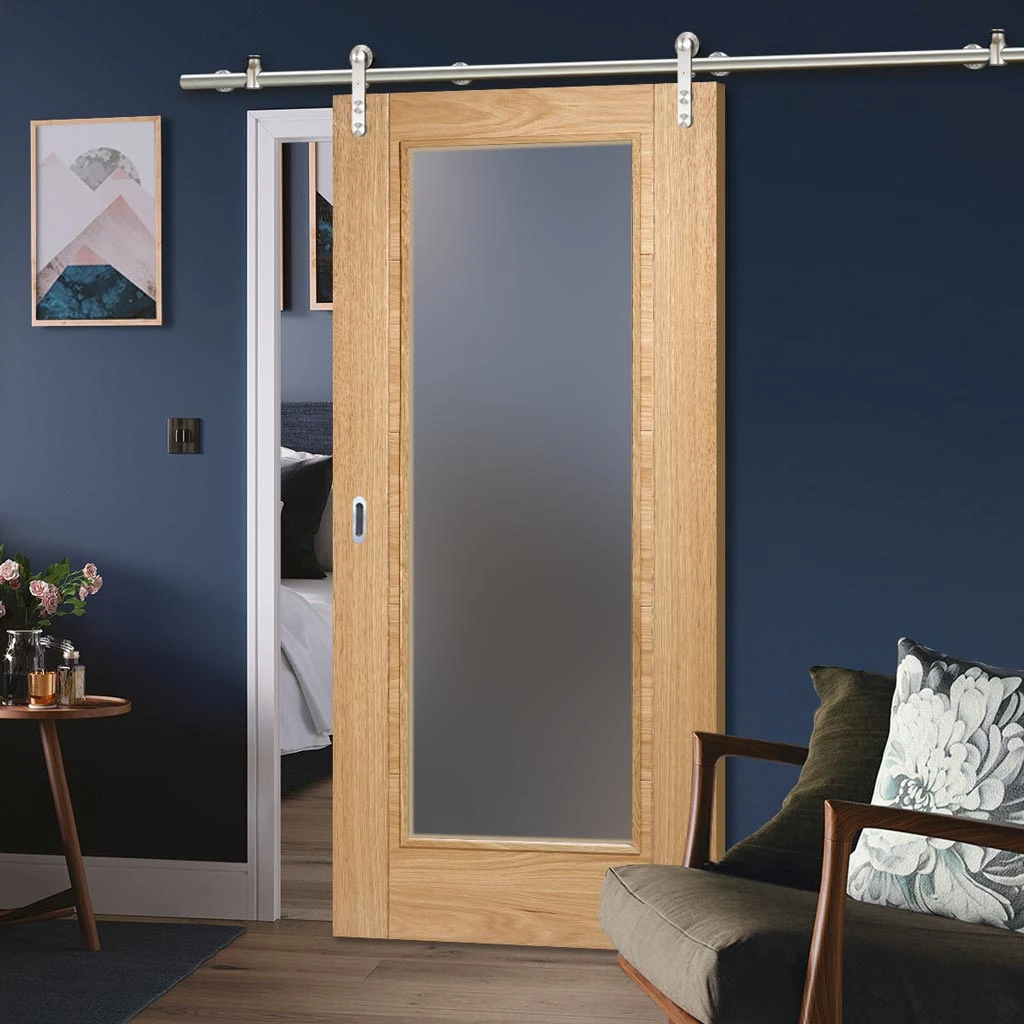 Saturn Tubular Stainless Steel Sliding Track & Pattern 10 Oak Door - Frosted Glass - Unfinished 2 Saturn Tubular Stainless Steel Sliding Track & Pattern 10 Oak Door - Frosted Glass - Unfinished - Image 2