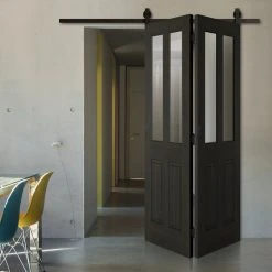 SpaceEasi Top Mounted Black Folding Track & Double Door - Richmond Smoked Oak Door - Clear Glass - Prefinished