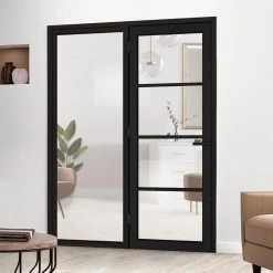 ThruEasi Room Divider - Soho 4 Pane Charcoal Clear Glass - Prefinished Door With Full Glass Side