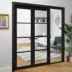 ThruEasi Room Divider - Soho 4 Pane Charcoal Clear Glass - Prefinished Door Pair With Full Glass Side