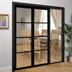 ThruEasi Black Room Divider - Soho 4 Pane Primed Clear Glass Unfinished Door Pair With Full Glass Side