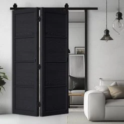 SpaceEasi Top Mounted Black Folding Track & Double Door - Soho 4 Panel Charcoal Door - Prefinished