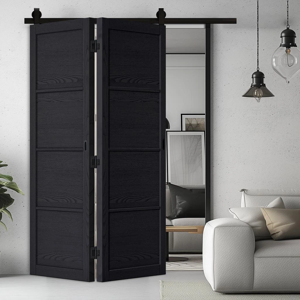 SpaceEasi Top Mounted Black Folding Track & Double Door - Soho 4 Panel Charcoal Door - Prefinished 1 SpaceEasi Top Mounted Black Folding Track & Double Door - Soho 4 Panel Charcoal Door - Prefinished