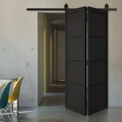 SpaceEasi Top Mounted Black Folding Track & Double Door - Soho 4 Panel Black Primed Door