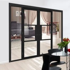 ThruEasi Black Room Divider - Tribeca 3 Pane Primed Clear Glass Unfinished Door Pair With Full Glass Sides